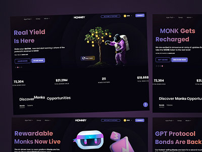 Monkey - Finance Website astronaut cryptocurrency dark theme data visualization design engaging engaging interface finance finance website fintech futuristic design interactive elements modern design money tree playful transaction user experience ux design uxui web design