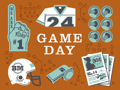 Game Day Illustrations for Cook Book beer cans foam finger football game helmet icon illustration playbook sports vector whistle