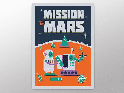 Mission to Mars astronaut character diamond flat illustration mission poster print robot