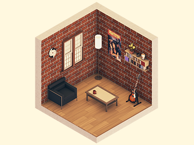 Urban Room #1 (Isometric) 3d c4d guitar isometric les paul living room loft model pulp fiction room urban