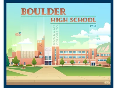 Boulder High School architecture art deco flag illustration landscape school sky typography vector