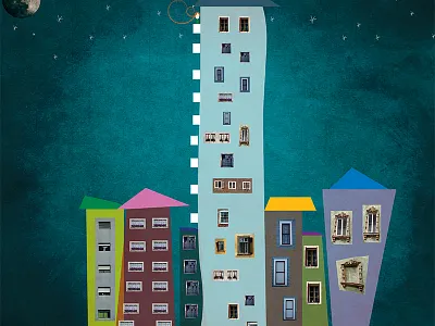Masal children book collage illustration night