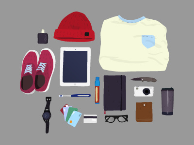 Travel Things camera cap cards glasses ipad knife moleskine sketch sneakers trip wallet watch