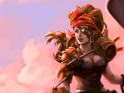 Steampunk Sky Piratess art clouds digital painting girl illustration steampunk