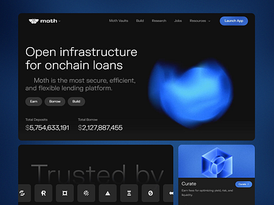 Moth - Lending Platform Design animation blue color design digital design engaging visuals finance website fintech design fluid dynamics illustration interactive elements modern onchain loans ui ui design user engagement ux ux design uxui web ui web ux
