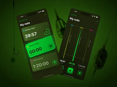 Rod Time Tracker 🎣 - Your Go-To Fishing App! alarm angling app carp clean dark ui fishing gamification glow green ios list manage modern olive sharp simple timer ui