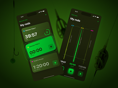 Rod Time Tracker 🎣 - Your Go-To Fishing App! alarm angling app carp clean dark ui fishing gamification glow green ios list manage modern olive sharp simple timer ui