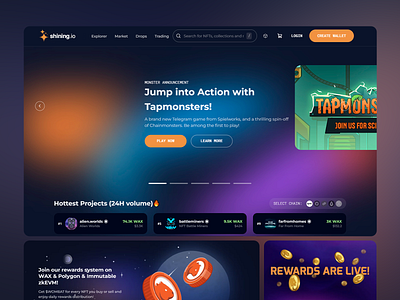 Shining.io - NFT Marketplace bright theme crypto design engaging interface finance homepage landing page marketplace modern design nft trading ui ui design ux uxui visual web design web ui web ux website