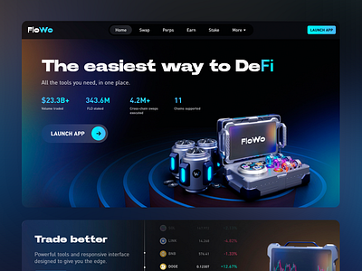 FloWo: Finance Platform Homepage blockchain crypto traders crytpocurrency dark theme defi defi users design eb3 finance investment stake trading plaform ui ui design user friendly ux ux design uxui web ui web ux