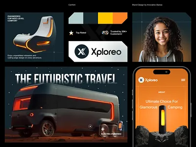 Xploreo Travel Branding: Futuristic Electric Glamping ⚡ brandidentity branding campingvibes electricadventure graphic design ig igf innovativeglance logo logo design luxurydesign minimalistaesthetic travelbranding ui uiux