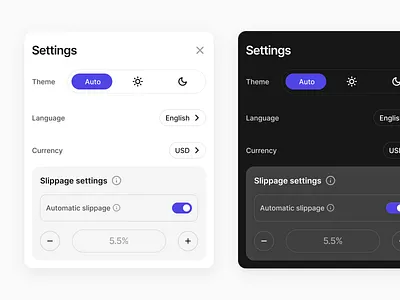 DeFi application settings ✨🪄 blockchain crypto currency settings dark mode defi defi application fintech app language settings light mode settings modal slippage settings switch theme settings toggle web3 settings