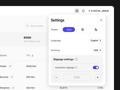 DeFi application settings / web3 ✨🪄 blockchain clean crypto currency settings dark mode dashboard defi defi application defi settings desktop application desktop ui language settings light mode minimalism slippage settings software theme settings web3 application web3 settings