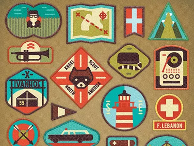 Moonrise Kingdom arrows badges flag icons illustration khaki lighthouse map racoon scout texture vector