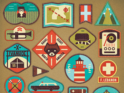 Moonrise Kingdom arrows badges flag icons illustration khaki lighthouse map racoon scout texture vector