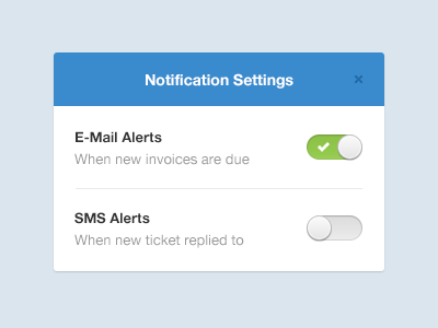 Notification Settings blue box lightbox notifications off on options preferences settings switch toggle website