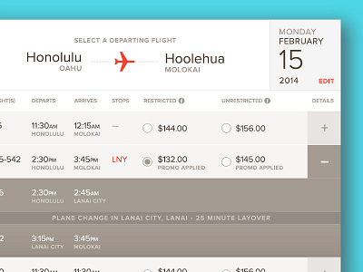 Flight Table airline button dates drawer fares flights plane radio select table ui