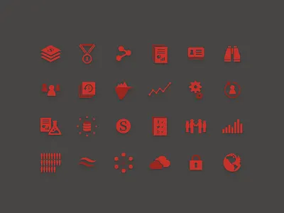 Icon set binocular chemistry cloud data earth gears iceberg medal network people science social