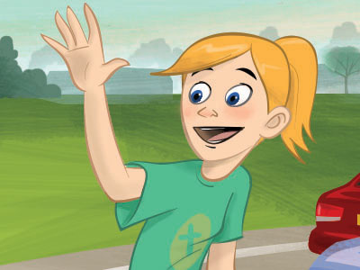 girl waving cartoon