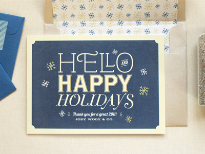 Hello And Happy Holidays envelope holiday card invitation retro snowflakes stationery typography