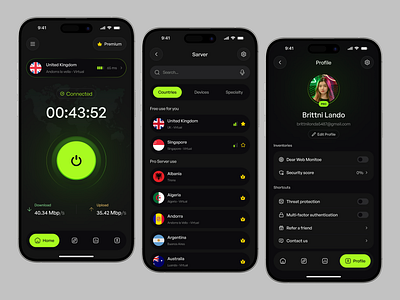 Nord VPN Mobile App Redesign browser button connect connecting creative dark design disconnect mobile mobile app network privacy proxy security server trend ui ui design ui ux vpn