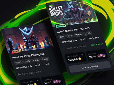 Chess tournaments card ai card chess data design desktop e sport esport game gaming platform product template tile tournament ui web3