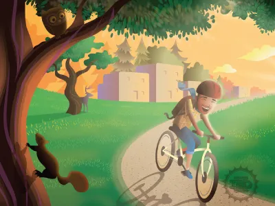 USCS Postcard bike biking illustration joy nature owl squirrel trail vector