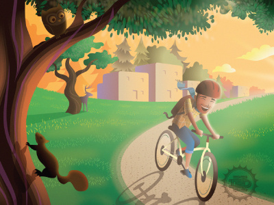 USCS Postcard bike biking illustration joy nature owl squirrel trail vector