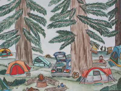 Campsite Painting campground camping hand drawn illustration landscape nature outdoors painting tents trees