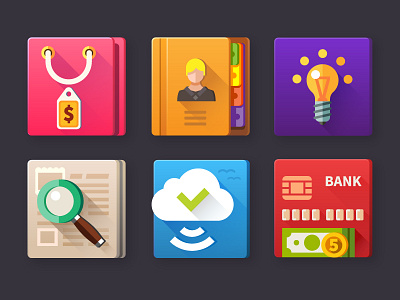 Marketing icon set bank card cloud contacts cute flat icon idea light bulb marketing search shopping