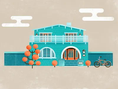 House architecture bicycle clouds fence house illustration