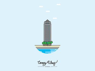 Canary Wharf blue canary clouds colour illustration london tree wharf