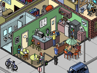 isometric street - cafe bathroom building cross section digital drawing illustration isometric people wacom