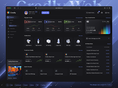 🤑Credly - Explore Mutual Funds Page - Fintech Dashboard banking dashboard branding charts crypto dark theme dashboard ecommerce finance fintech dashboard iconography investment mutual funds product design stocks tables trading dashboard ui web dashboard web design web3 dashboard