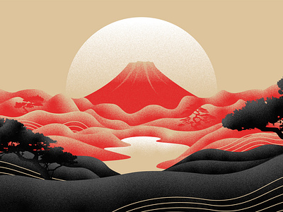 Japanese vibes asian black fuji gold graphic design illustartion japan japanese landscape noise red sunrise sunset vector art