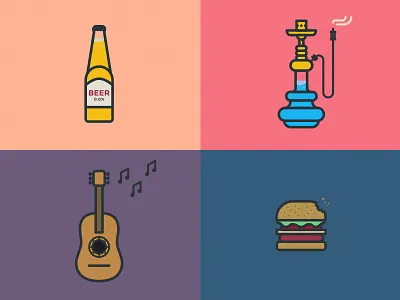 A day in Granada beer burger guitar hookah icons illustrations music notes rounded smoke water