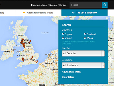 Map Search check box drop down field form header iconography map menu navigation nuclear radioactivity search