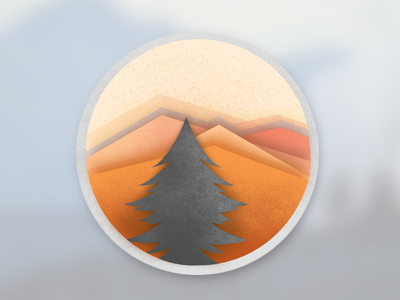 Landscape Icon circle cut flat icon illustration landscape mountains orange paper sticker texture tree