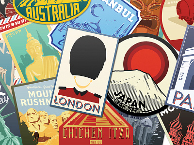 Luggage Labels illustration japan labels logos london luggage mount fuji mount rushmore stickers travel vintage