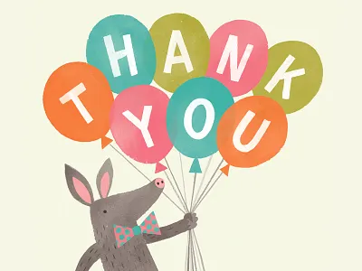 Thanks from Aardvark aardvark animals balloons card colour illustration lettering stationery thank you watercolour