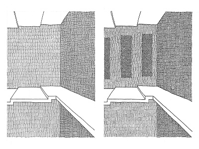 Interiors 2a + 2b architectural bw drawing illustration ink interior pen