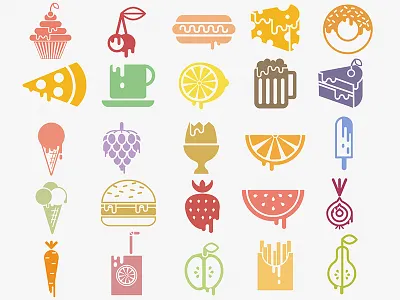 dripping icons in colours carrot chips cup egg hamburger hotdog icons juice lemon onion pear strawberry