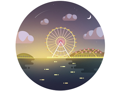 Night view of ferris wheel city ferris happy illustration lake night valley view water wheel