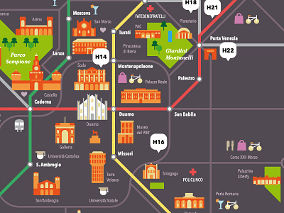 Milan map buildings centre city flat hotel icons map milan tourism