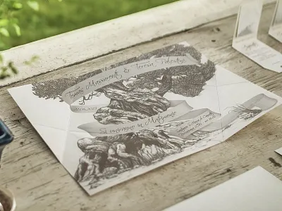 A brand for Tomas' and Teresa's wedding. brand heart hidden message invitation logo design print design sealing wax tree wedding