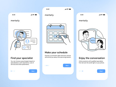 Mentally - mobile app. Onboarding app appdesign design digital experience figma graphicdesign illustration interface ios mentalhealth mobile mobileapp onboarding psychology therapy ui ux vector