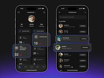 Unfollower tracker - mobile app analytics app appdesign creative design digital experience figma follower interaction interface ios mobile prototype social socialmedia statistics tracker ui ux