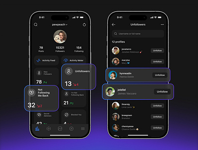 Unfollower tracker - mobile app analytics app appdesign creative design digital experience figma follower interaction interface ios mobile prototype social socialmedia statistics tracker ui ux