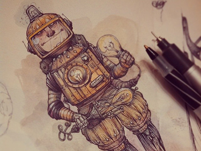 Luciano the Elucidator literally loves lightbulbs. ballpointpen biropen lightbulb sketchbook spacesuit watercolor