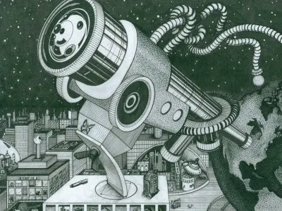 Microscope Or Telescope Richie Montgomery Resized Very Small3 alien astronomy coffee earth globe microscope planet scientist space surrealistic telescope ufo