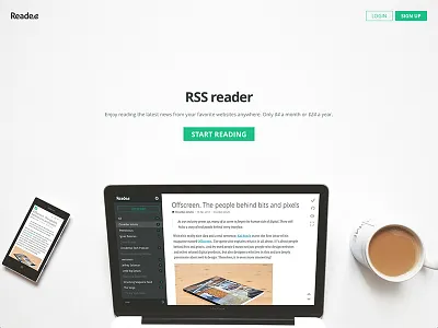 Introducing Readerrr coffee cover green homepage mobile photo reader responsive rss startup web design website